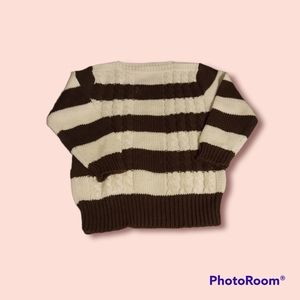 Vintage cable knit sweater, brown and cream stripes, Size Medium.